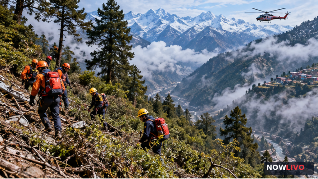 Editorial illustration of mountain search teams in Uttarakhand near Joshimath; conceptual scene, not an actual image of the crash site.