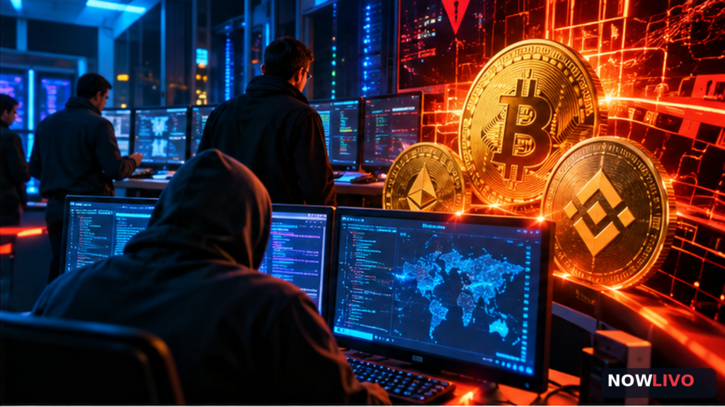 Conceptual cybersecurity illustration of cryptocurrency servers and digital coins during the reported Binance theft; not actual evidence of the intrusion.