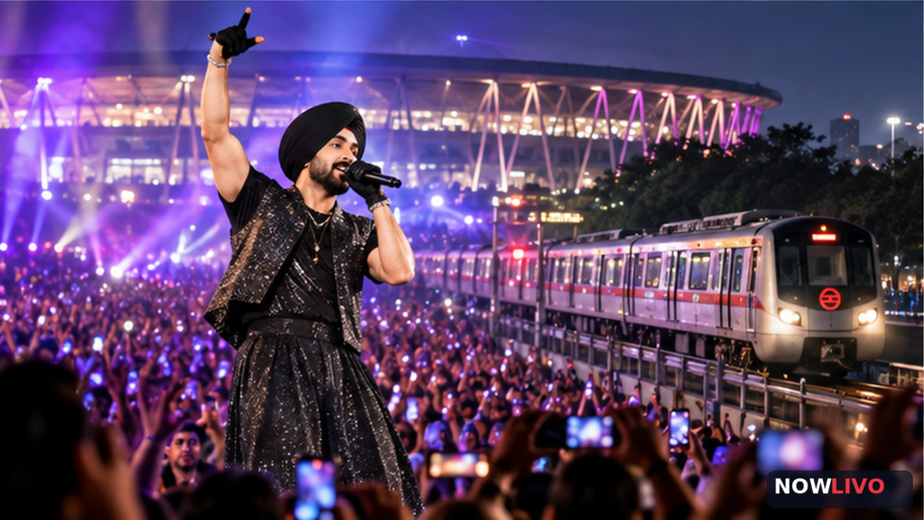 Illustrative editorial scene of a turbaned Punjabi singer performing at a packed stadium alongside Delhi Metro transport imagery; not a documentary concert photo.