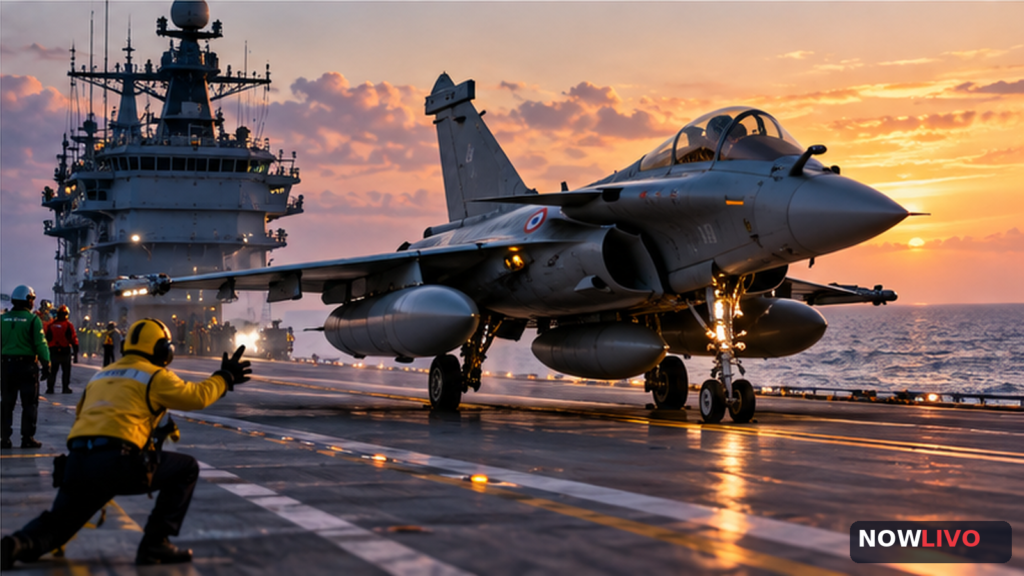 Editorial illustration of a Rafale-style naval fighter on the deck of an Indian aircraft carrier at sunset, representing trials, not a real photograph.