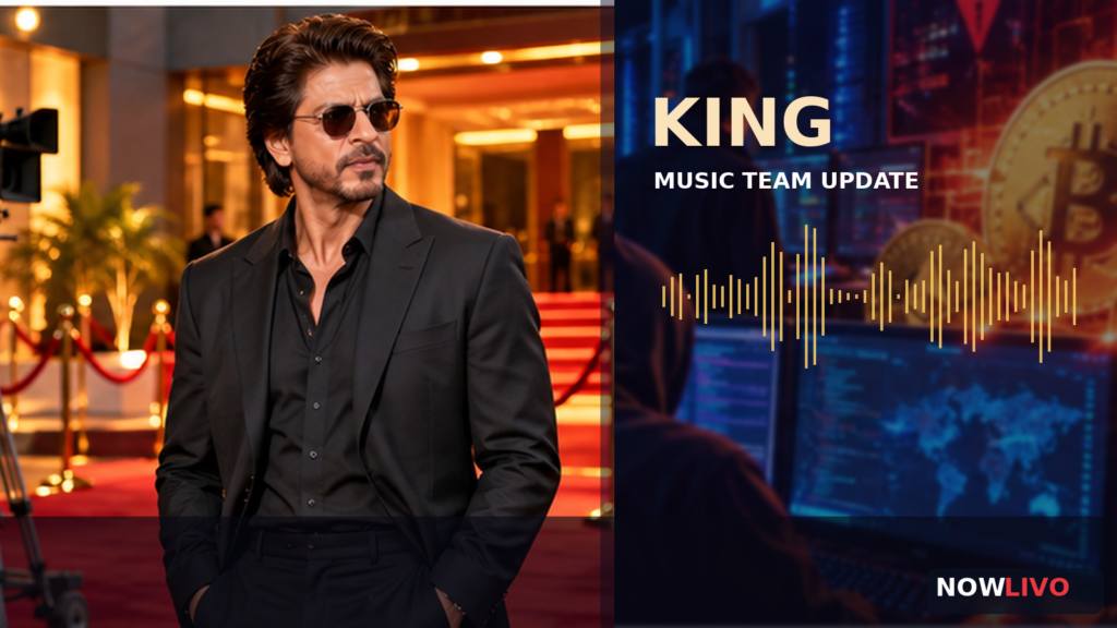 Editorial composite of a Shah Rukh Khan-like actor at a film studio with a music production console and waveform; not a photograph of the reported composer change.