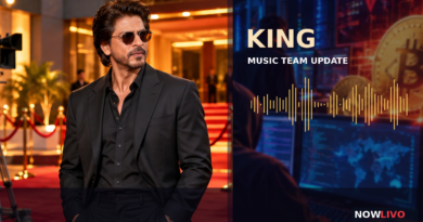 Editorial composite of a Shah Rukh Khan-like actor at a film studio with a music production console and waveform; not a photograph of the reported composer change.