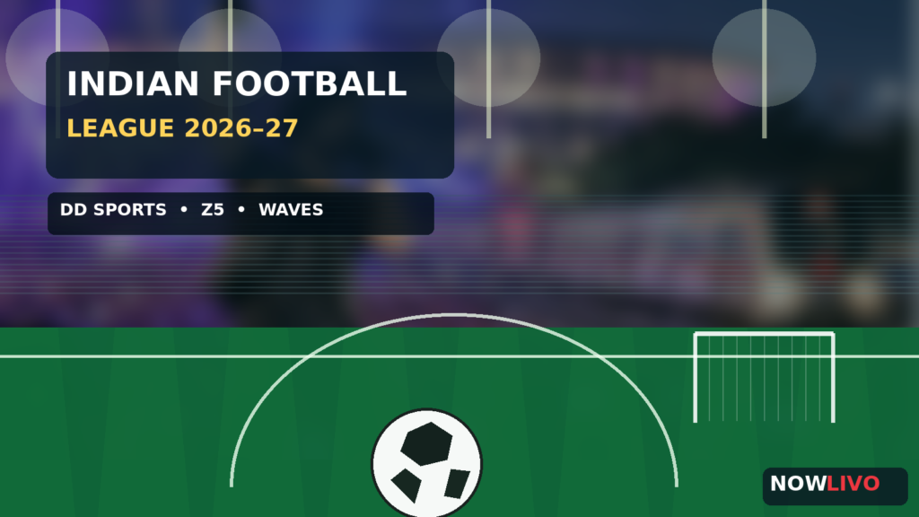 Original editorial illustration of an Indian football stadium with television and streaming coverage graphics for the 2026–27 league; not a match photograph.