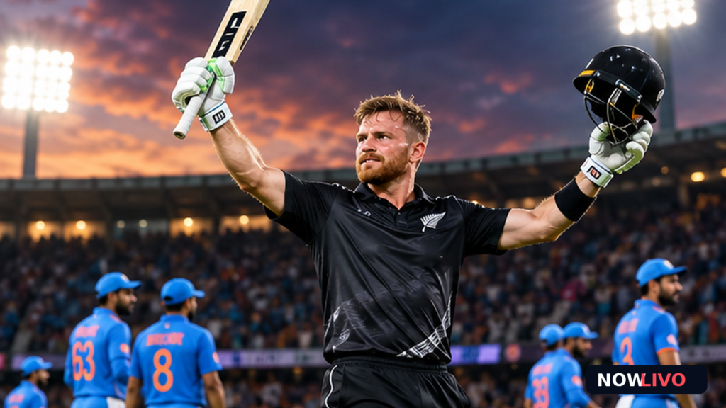 Original editorial illustration of a New Zealand batter celebrating under Auckland stadium lights as Indian fielders stand behind; not match photography.