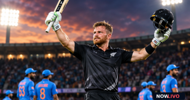 Original editorial illustration of a New Zealand batter celebrating under Auckland stadium lights as Indian fielders stand behind; not match photography.