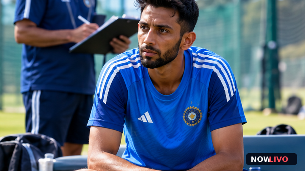 Original editorial illustration of an Indian fast bowler in a blue training shirt at a cricket practice ground with coaching staff; not a photo of medical treatment.