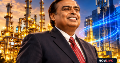 Original editorial composite showing an Indian industrial and telecom business leader against a refinery and communications network; illustration, not earnings-event photography.
