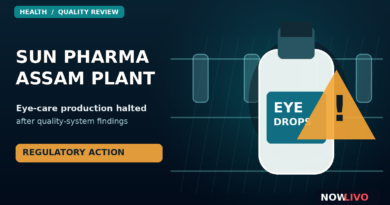 Original editorial illustration of an eye-drop bottle and pharmaceutical quality-control laboratory with a caution motif; no claim that any pictured bottle is contaminated.