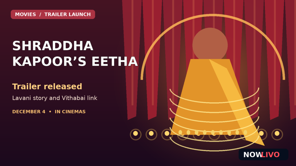 Original editorial illustration of a vibrant Maharashtrian Lavani stage, dancer’s ghungroo and theatre curtains; not a frame from the Eetha trailer.