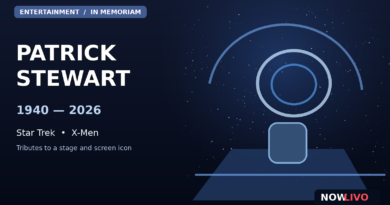 Original symbolic editorial memorial graphic featuring Patrick Stewart’s name, dates and abstract starship-inspired imagery; no documentary photograph.