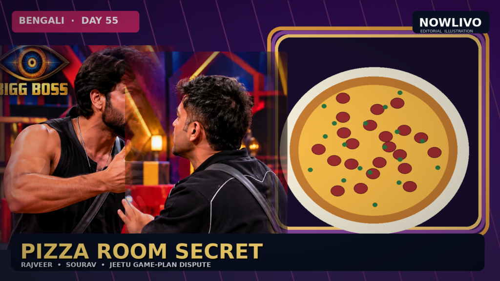 Conceptual NOWLIVO editorial composite showing two adult Bengali reality contestants at a pizza table inside a confessional-style studio room and a separate disagreement panel; not actual broadcast footage.