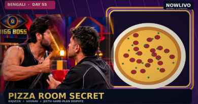 Conceptual NOWLIVO editorial composite showing two adult Bengali reality contestants at a pizza table inside a confessional-style studio room and a separate disagreement panel; not actual broadcast footage.