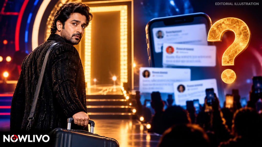 NOWLIVO conceptual editorial illustration of an adult Indian reality-show contestant near an exit with social-media posts and a question mark, representing unconfirmed Aasif Khan eviction reports; not actual eviction footage.