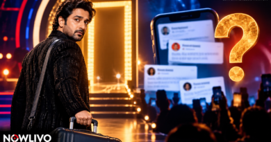 NOWLIVO conceptual editorial illustration of an adult Indian reality-show contestant near an exit with social-media posts and a question mark, representing unconfirmed Aasif Khan eviction reports; not actual eviction footage.