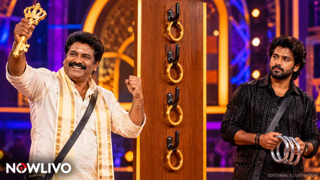 Conceptual NOWLIVO editorial illustration of two adult Kannada reality contestants beside a gold-ring hook board, one celebrating the captaincy result; not an actual episode photograph.