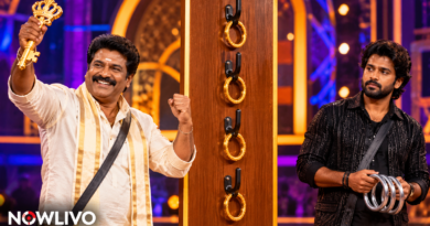 Conceptual NOWLIVO editorial illustration of two adult Kannada reality contestants beside a gold-ring hook board, one celebrating the captaincy result; not an actual episode photograph.