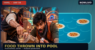 Conceptual NOWLIVO editorial composite of adult South Indian reality contestants arguing beside a turquoise swimming pool with floating food props during a cowboy-themed task; not actual episode footage.
