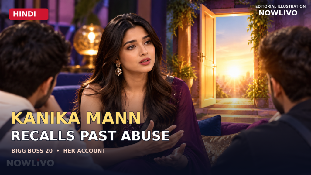 NOWLIVO conceptual editorial illustration of actress Kanika Mann speaking with two housemates about a past relationship, with a symbolic open doorway; not an actual broadcast still.