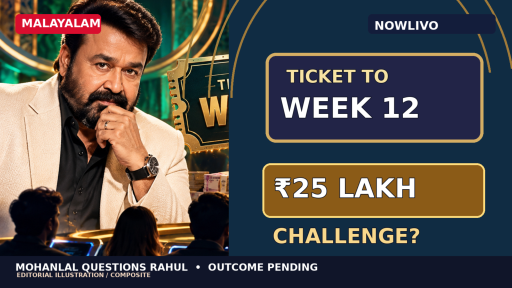 NOWLIVO conceptual editorial composite featuring a stylized Mohanlal-like host, a Ticket to Week 12 display and a symbolic ₹25 lakh prize-pool question; not an actual weekend episode still.