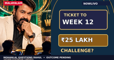 NOWLIVO conceptual editorial composite featuring a stylized Mohanlal-like host, a Ticket to Week 12 display and a symbolic ₹25 lakh prize-pool question; not an actual weekend episode still.