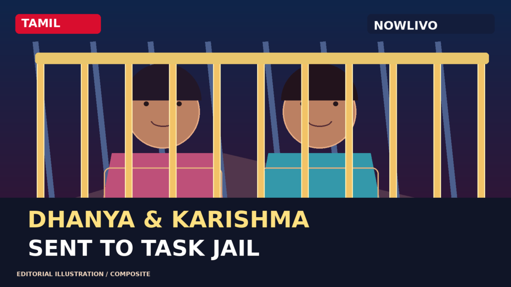 NOWLIVO original conceptual illustration of two adult women behind theatrical game-show jail bars, representing Dhanya and Karishma’s task punishment; not a photograph of the contestants or actual confinement.