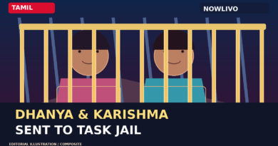 NOWLIVO original conceptual illustration of two adult women behind theatrical game-show jail bars, representing Dhanya and Karishma’s task punishment; not a photograph of the contestants or actual confinement.