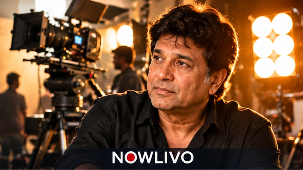 Original editorial illustration of filmmaker Sanjay Gupta seated in a warm film-studio setting, with a movie camera behind him; not a documentary photograph.