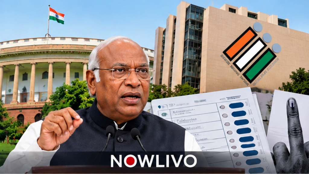 Original conceptual editorial composite of Mallikarjun Kharge at a lectern, India’s Parliament, the Election Commission building and ballot papers; not an actual photograph of the event.