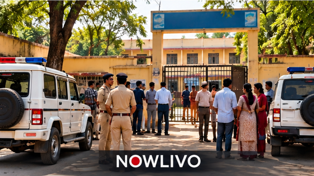 Original illustrative exterior of a school gate in Andhra Pradesh with police vehicles and adults gathered nearby; no victims or incident are depicted.