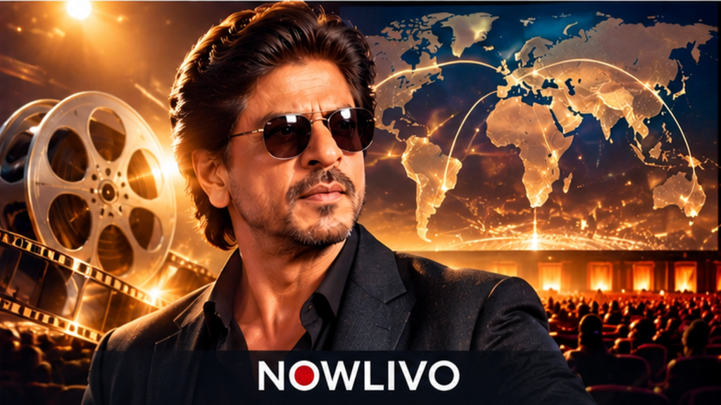 Original cinematic editorial composite of Shah Rukh Khan, film reels and a glowing world map suggesting overseas film distribution; not an official King poster.