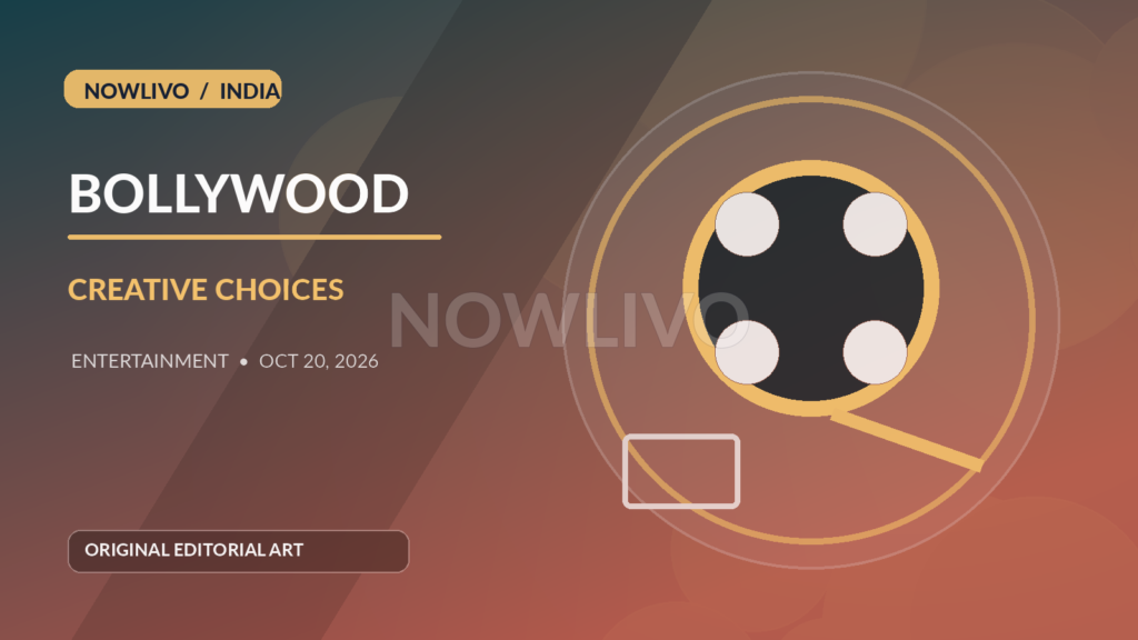 Original editorial illustration of movie studio pitch meeting with contrasting film reels and scripts symbolizing Bollywood genre choices; subtle centered NOWLIVO watermark.