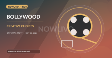 Original editorial illustration of movie studio pitch meeting with contrasting film reels and scripts symbolizing Bollywood genre choices; subtle centered NOWLIVO watermark.