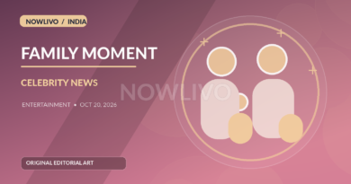 Original soft editorial illustration of family silhouettes, two small stars and a warm festive home scene for Deepika Padukone and Ranveer Singh baby announcement; subtle centered NOWLIVO watermark.