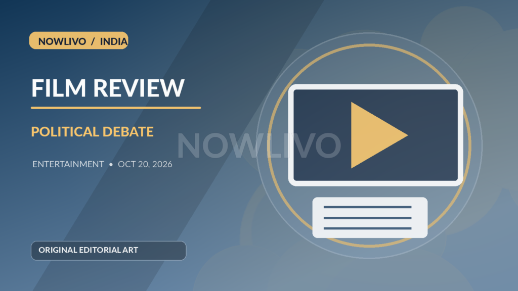 Original illustrated cinema review scene with movie screen, review notes and political discussion motifs for Shashi Tharoor comments on Dhurandhar; subtle centered NOWLIVO watermark.