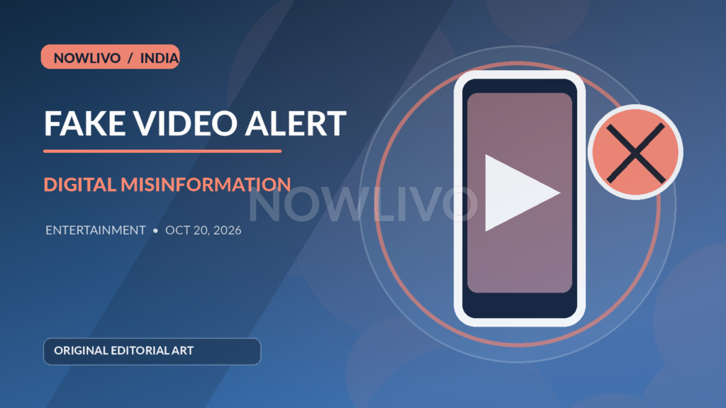 Original conceptual editorial graphic of a smartphone video verification screen, film camera and warning symbols representing false AI clips linked to Tiger Shroff; subtle centered NOWLIVO watermark.