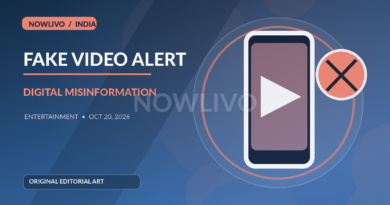Original conceptual editorial graphic of a smartphone video verification screen, film camera and warning symbols representing false AI clips linked to Tiger Shroff; subtle centered NOWLIVO watermark.
