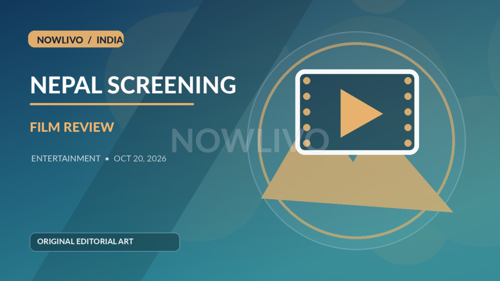Original editorial illustration of cinema screen with Nepal mountain silhouette and a film reel representing the Udta Teer Nepal screening decision; subtle centered NOWLIVO watermark.