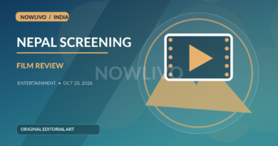 Original editorial illustration of cinema screen with Nepal mountain silhouette and a film reel representing the Udta Teer Nepal screening decision; subtle centered NOWLIVO watermark.