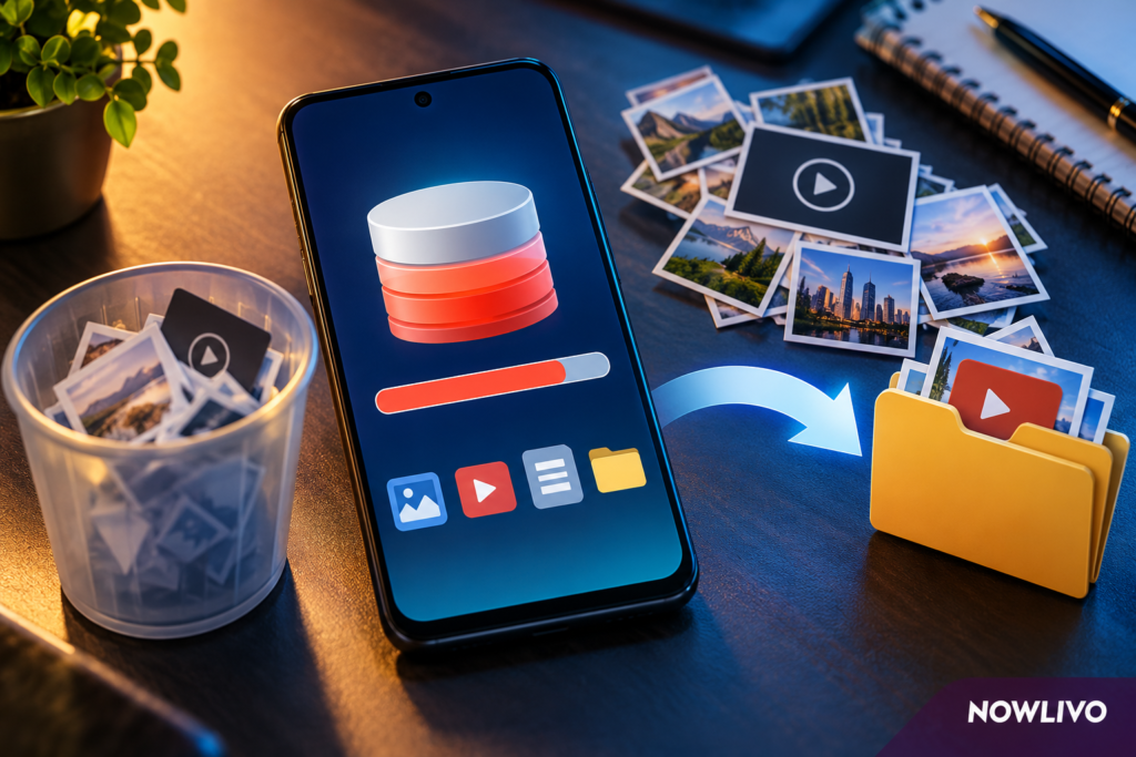 Android phone displaying a nearly full storage bar beside photo files, downloads and a trash bin, with NOWLIVO branding