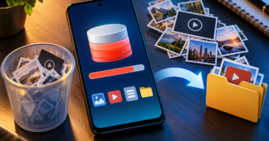 Android phone displaying a nearly full storage bar beside photo files, downloads and a trash bin, with NOWLIVO branding