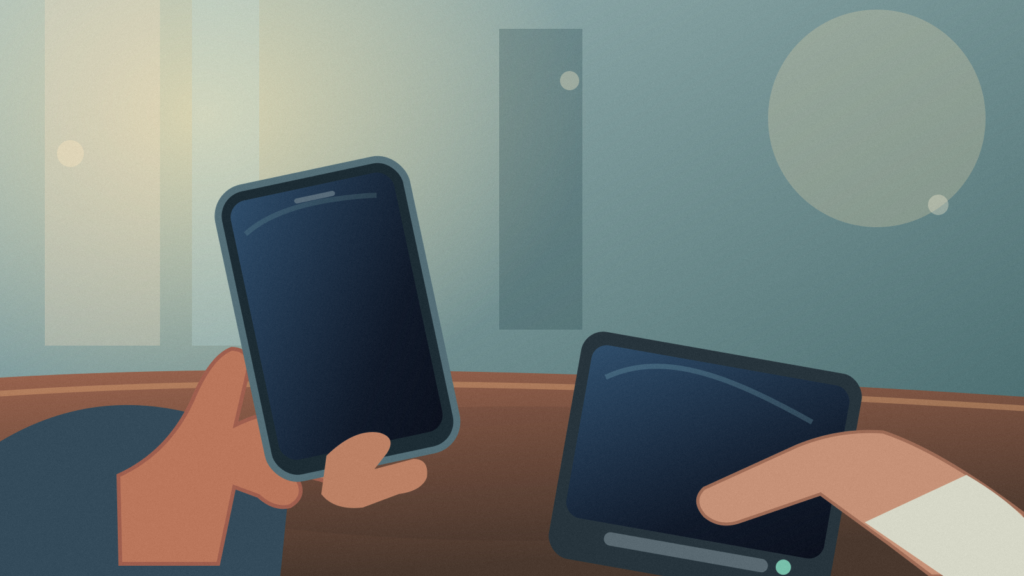 Close-up editorial illustration of a customer holding a smartphone while a cashier checks a payment terminal at a shop counter, with blank screens
