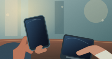 Close-up editorial illustration of a customer holding a smartphone while a cashier checks a payment terminal at a shop counter, with blank screens