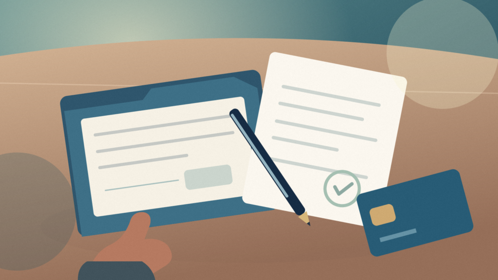 Overhead editorial illustration of blank banking documents, a pen and a bank card arranged on a wooden counter, with no readable text