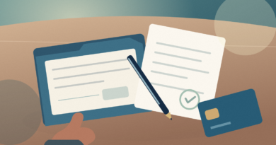 Overhead editorial illustration of blank banking documents, a pen and a bank card arranged on a wooden counter, with no readable text