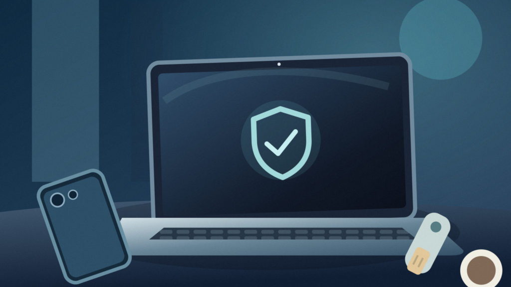 Text-free editorial illustration of a laptop with an abstract security shield, a turned-over phone and a physical security key on a dim blue desk