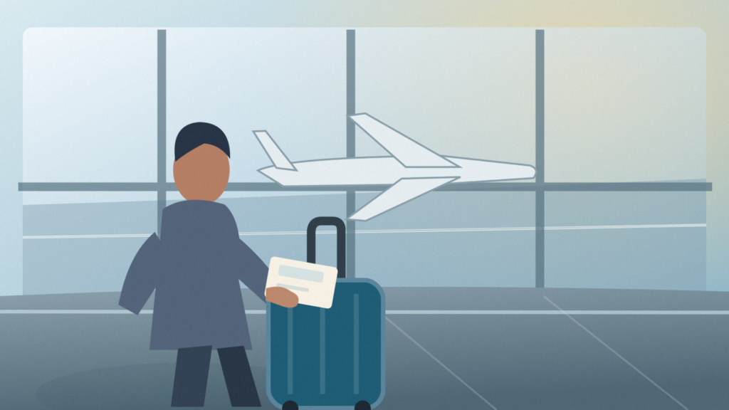 Text-free editorial illustration of a traveler holding blank travel papers beside a suitcase at an airport gate with a plane outside the windows