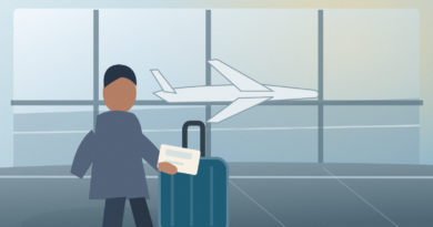 Text-free editorial illustration of a traveler holding blank travel papers beside a suitcase at an airport gate with a plane outside the windows