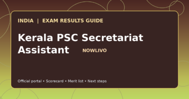 Illustrated NOWLIVO guide to checking Kerala PSC Secretariat Assistant examination results and official scorecards