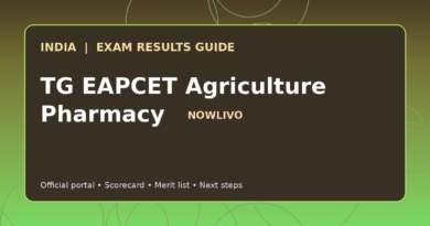 Illustrated NOWLIVO guide to checking TG EAPCET Agriculture Pharmacy examination results and official scorecards