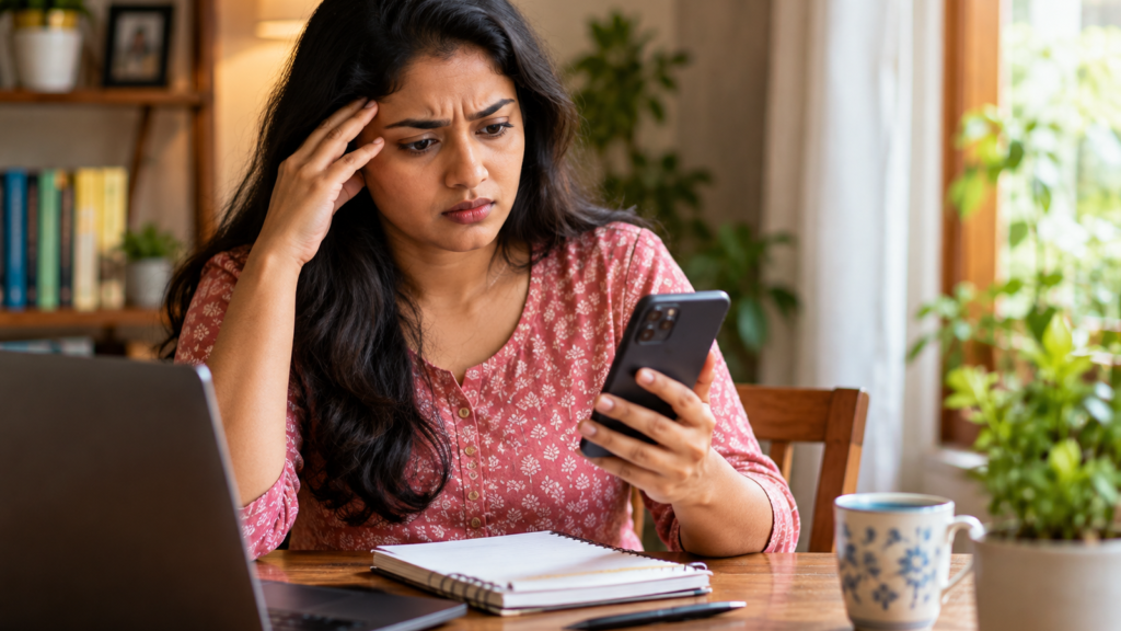 Woman checking a smartphone at a home desk after noticing a possible digital payment mistake
